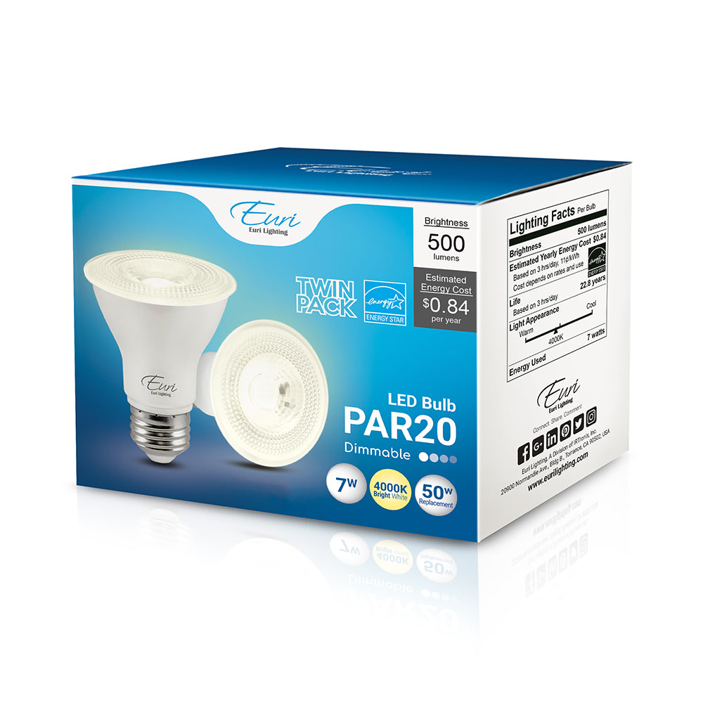 PAR20 LED Bulb, 7 Watt, 500 Lumens, Dimmable, 80 CRI, Medium E26 Base, Energy Star Rated, 120V