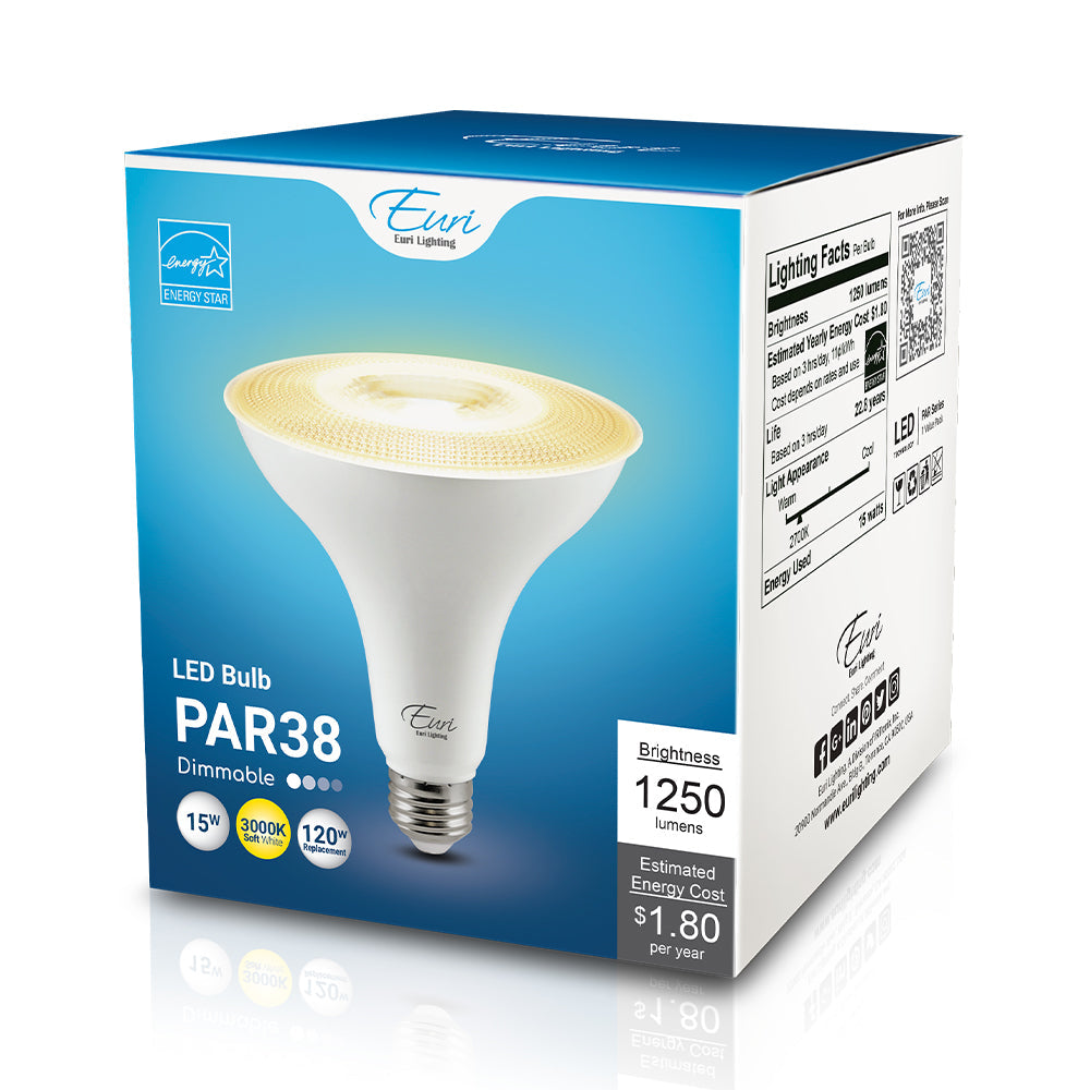 PAR38 LED Bulb, 15 Watt, 1250 Lumens, Dimmable, 80 CRI, Medium E26 Base, Energy Star Rated, 120V