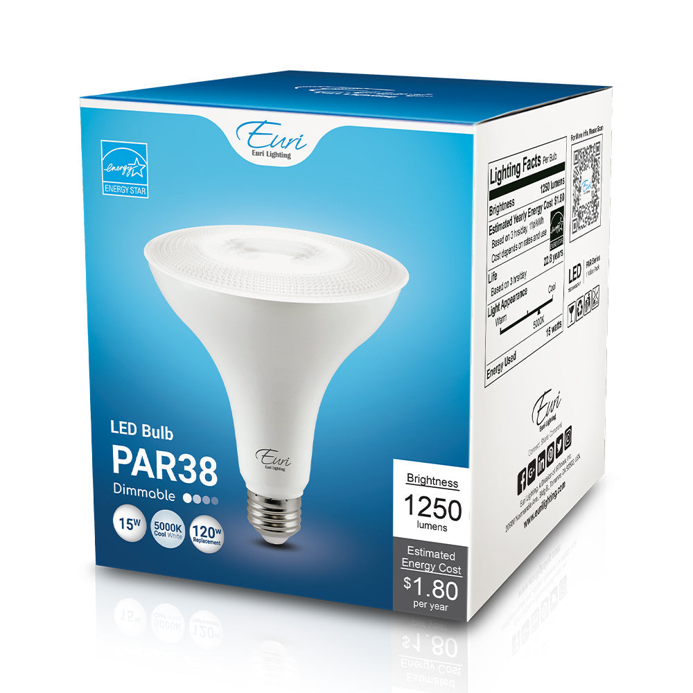 PAR38 LED Bulb, 15 Watt, 1250 Lumens, Dimmable, 80 CRI, Medium E26 Base, Energy Star Rated, 120V