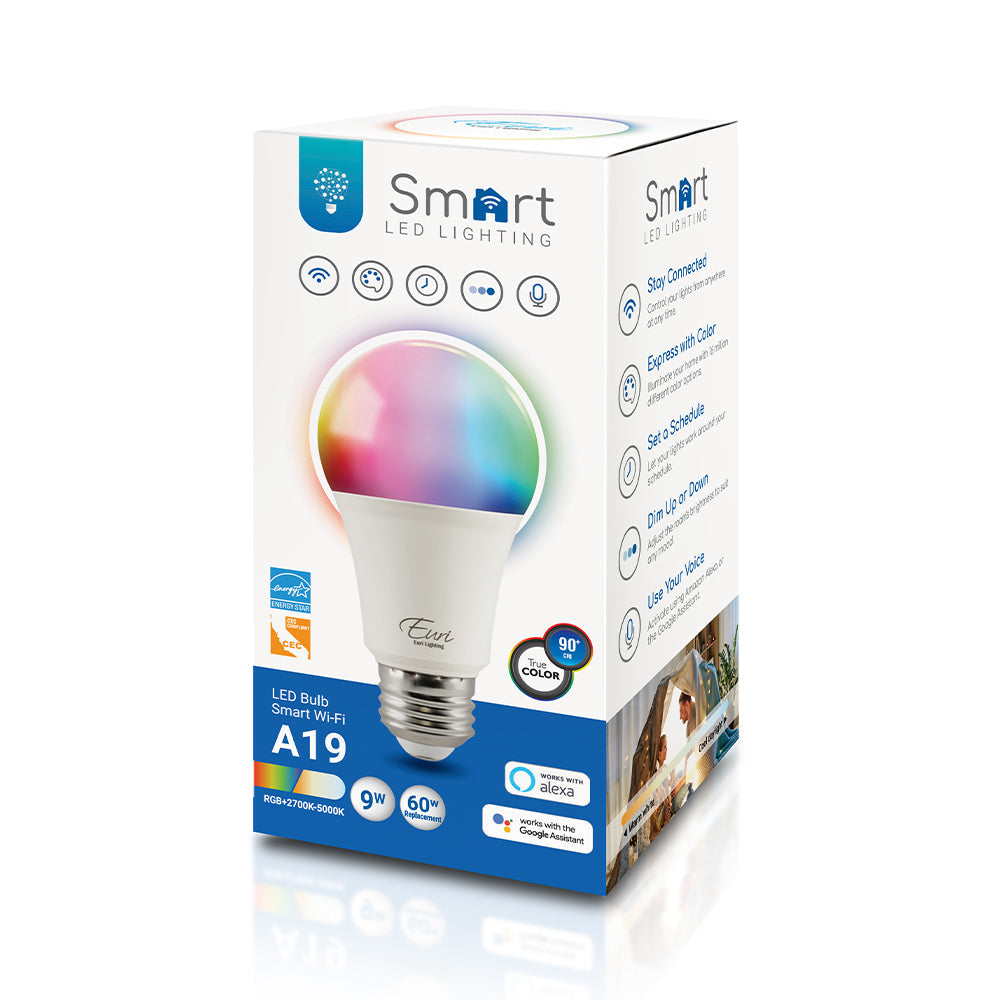 Smart A19 Bulb, 9 Watt, 810 Lumens, 2700K thru 5000K + RGB, 90+ CRI, Dimmable, Wi-Fi Enabled, Medium E26 Base, Energy Star Rated, 120V